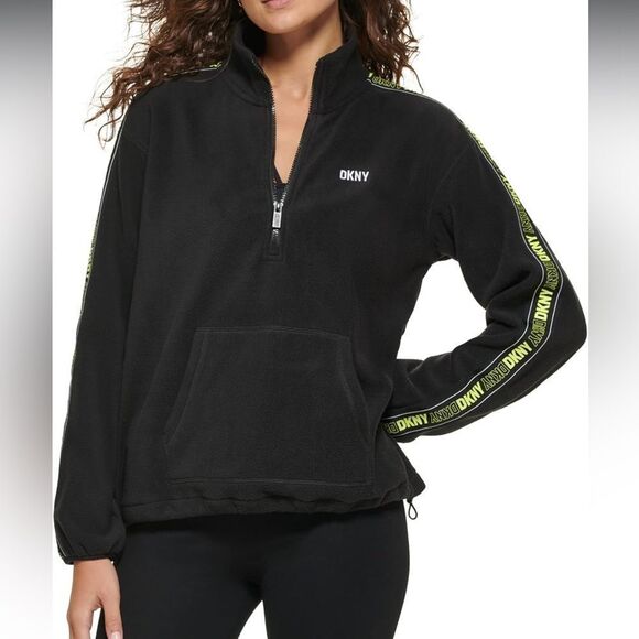 DKNY Black logo tape fleece pullover Sweatshirt with Neon Accents , - Picture 9 of 10